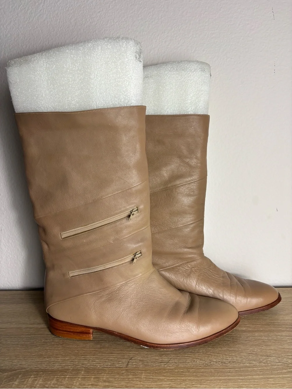 Vintage Jean Pier Clemente Leather Mid Calf Boots Mens 12D Beige Double Zip